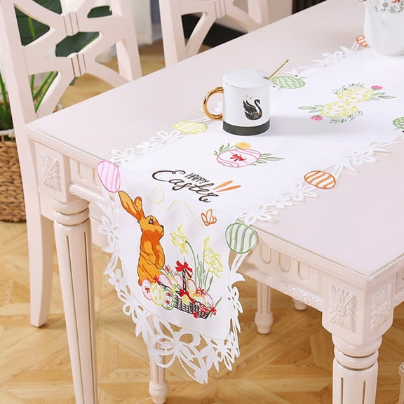 Easter Table Runner Spring Bunnies Eggs Flowery Table Runner Cutwork Embroidered Floral And Bunnies Eggs Dresser Scarf Table Topper Home Kitchen Dining Tabletop Decoration (Runner 15"×69")