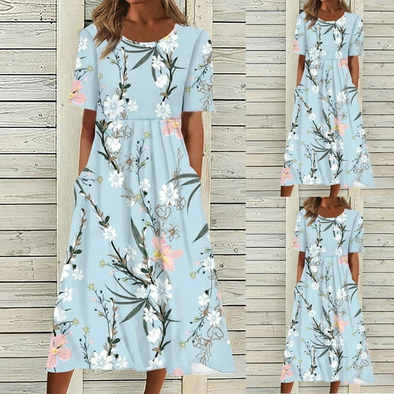 Viikei Plus Size Short Sleeve Dress for WomenSummer O-Neck Folding Floral Printed Dresses