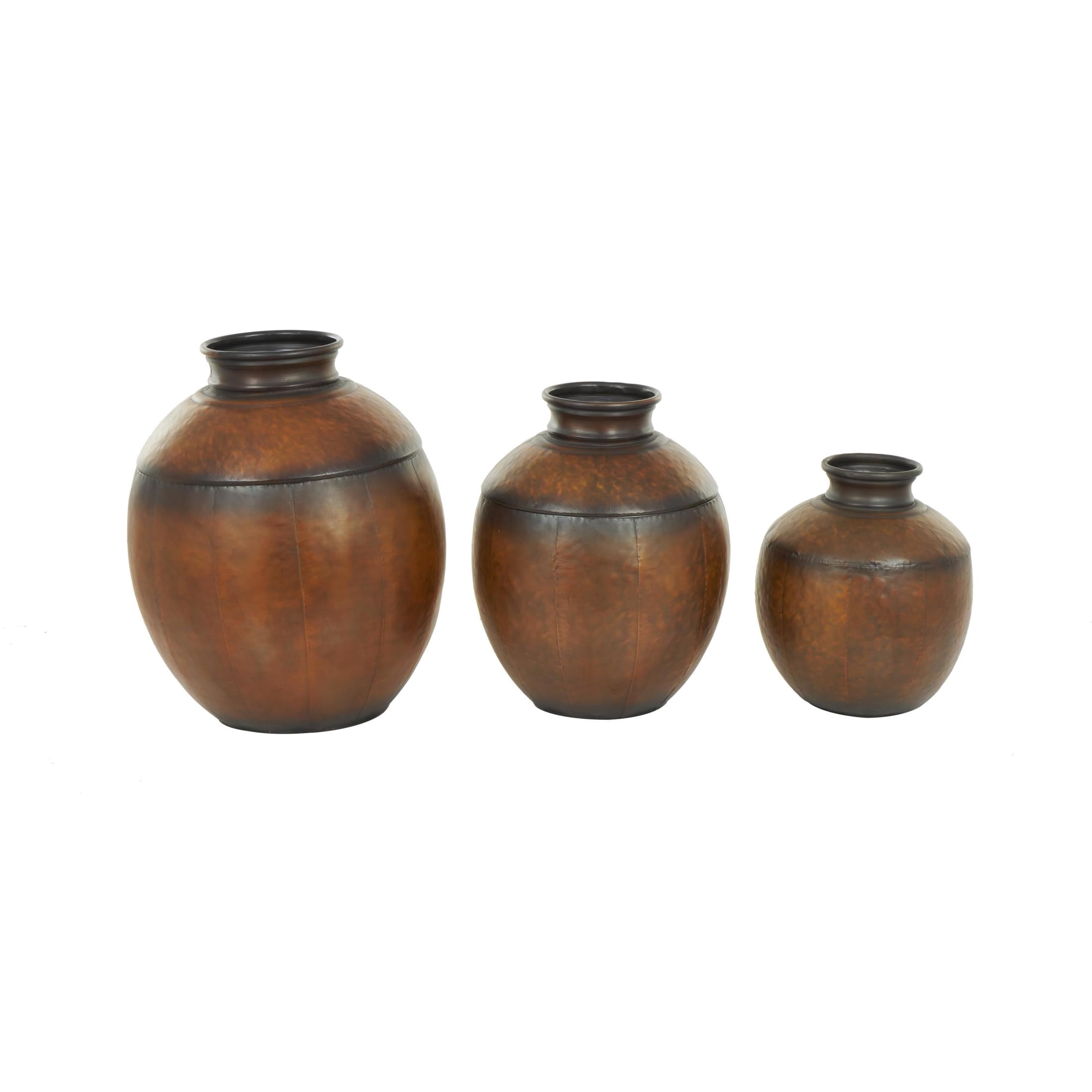 DecMode 26", 22", 17"H Antique Style Round Pot Floor Brown Metal Vase, Set of 3