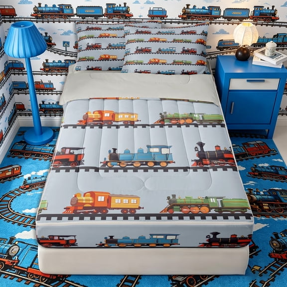 Castle Fairy Cartoon Vintage Train Zipper Twin Comforter Sets with Fitted Sheet and 2 Pillowcases,Colorful Locomotive Zipper Bedding Set for Bedroom,Blue Red Green,4-Piece,Grey Reversible