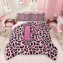 Manfei Girls Pink Leopard Print Queen Comforter Set 3 Pieces, Glitter Personalized Letter F Bedding Sets, Cheetah Print Monogrammed Bedding Comforter Set, Lightweight Room Decor