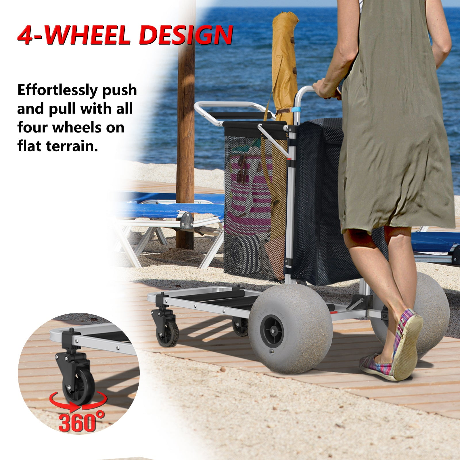 GDLF Foldable Beach Cart with Adjustable Handle and 12" Balloon Wheels, Heavy Duty Aluminum  220LBS Capacity