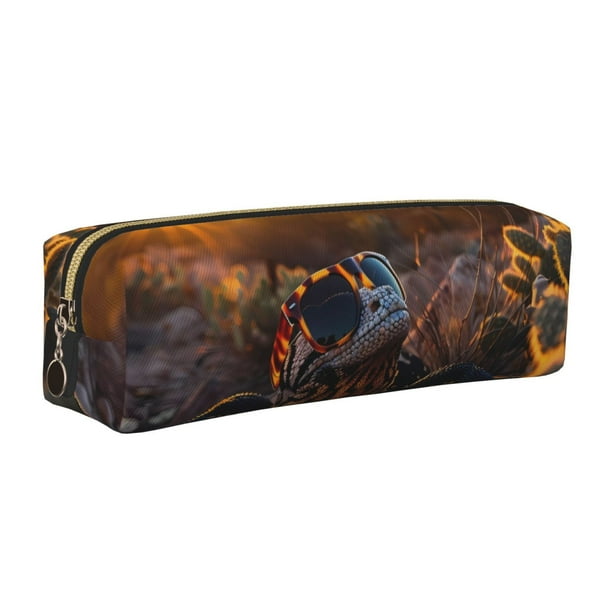 Fotbe Lizard With Sunglasses Sunset Estuche para Lápices de Cuero con Estampado, Estuche con Cremallera Resistente, Organizador Compacto y Elegante para Papelería