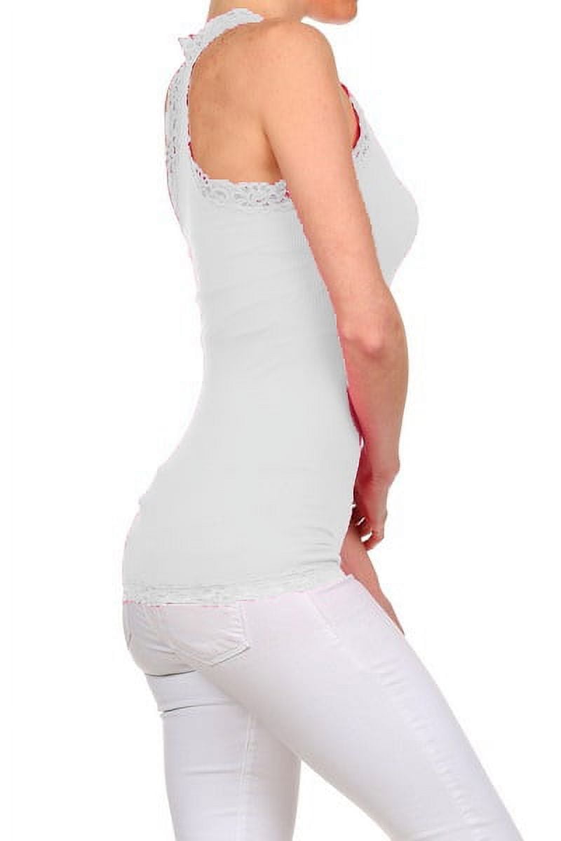 Seamless V-neck Camisole Racer Back Tank with Lace Trim, White