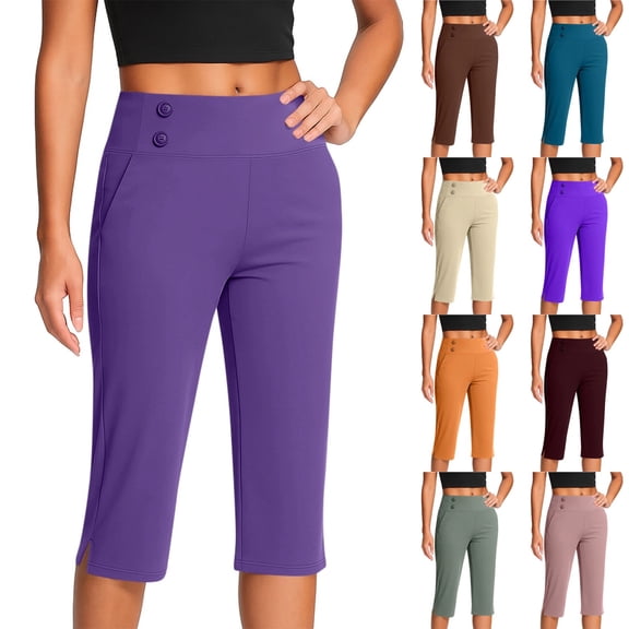 Capri Pants for Women Stretch High Waisted Crop Office Work Pants Summer Casual Capris Slacks Yoga Dress Pant Purple L