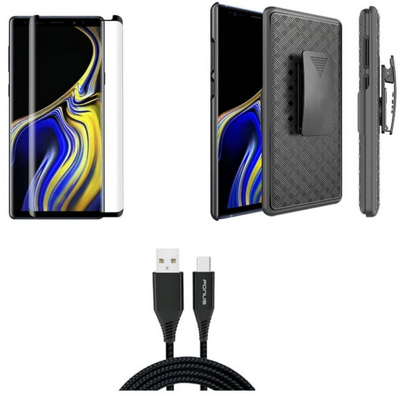 Galaxy Note 9 - Case Belt Clip w Screen Protector w 6ft USB Cable - Holster Swivel Cover, Tempered Glass 5D Touch Curved Edge, Type-C Charger Cord Power for Samsung Galaxy Note 9