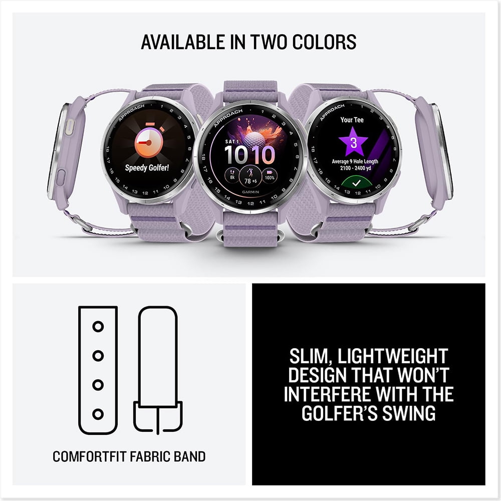 Garmin Approach J1 Silver Aluminum Bezel with Lilac ComfortFit Fabric Band 010-03898-10 Bundle with Deco Essentials Charging Dock, 3x Silicone Dust Cover and 2x 1.2 Inch Screen Protector