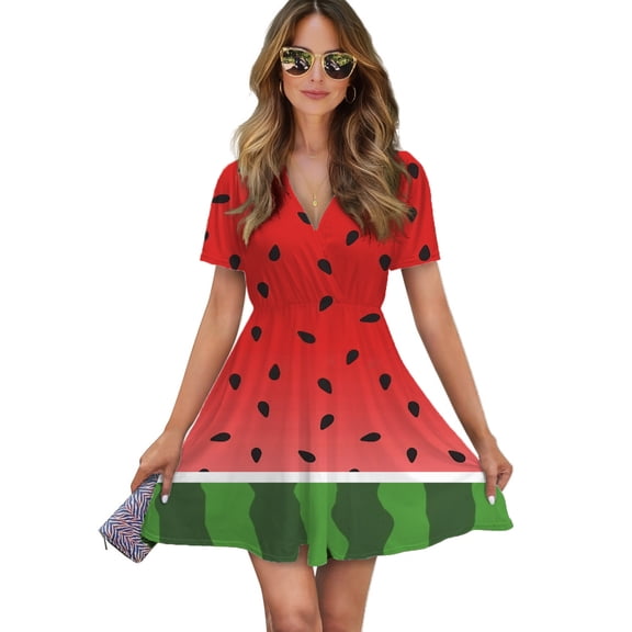 Watermelon Background With Seed Women Dress V-Neck Short Sleeve Flowy Swing Party Midi Dress