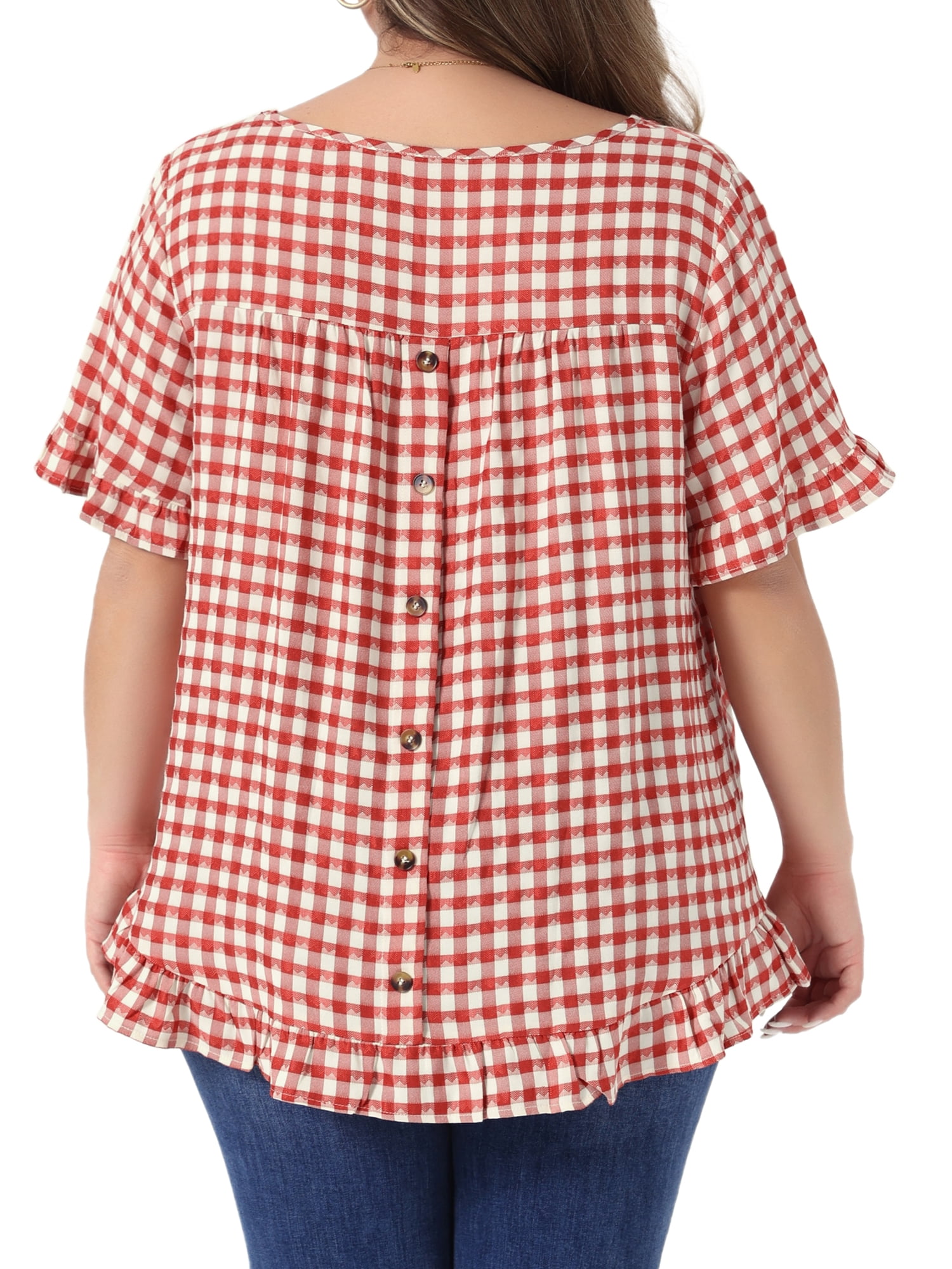 DARING DIVA Women's Plus Gingham 1950s Plaid Round Neck Tops 3X Red