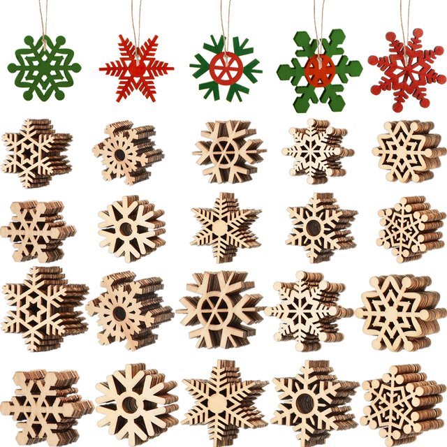 100 unidades de adornos de madera con forma de copos de nieve de Blulu con cordón de 5 y 8 cm