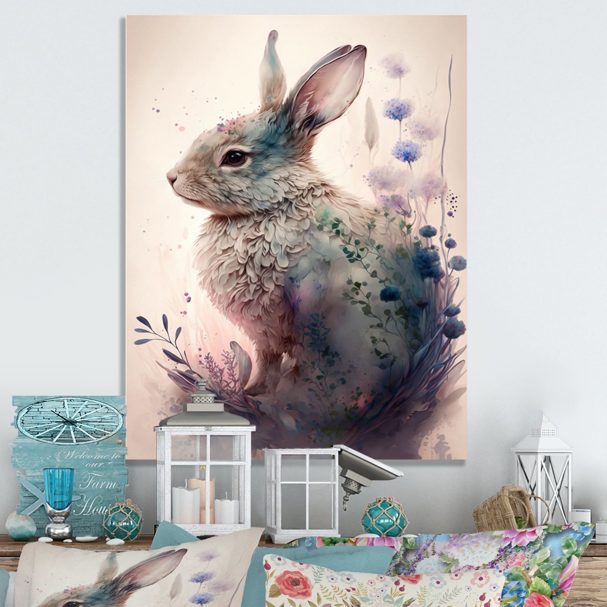 Designart Cute Rabbit Floral Art IV Canvas Wall Art