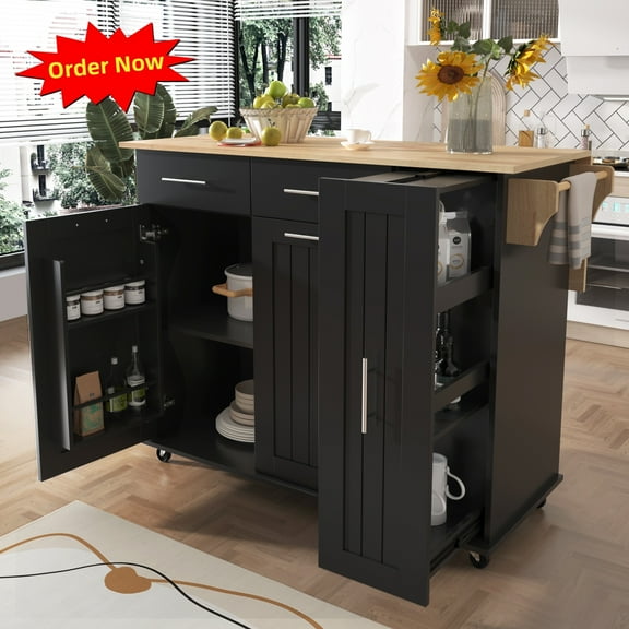 Tcbosik Kitchen Island with Drop Leaf Top, 46" Mobile Storage Cabinet with Drawers, Doors and Pull Out Cabinet Organizer, Prep Table with Towel Rack for Dining Room, Black