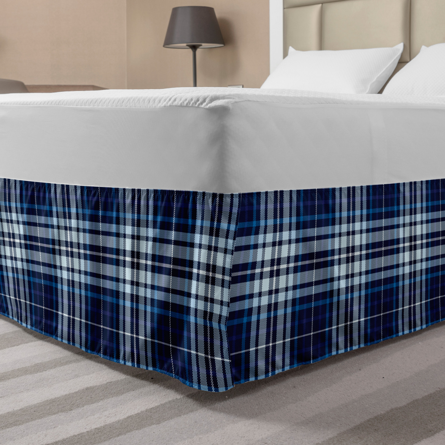 Navy Plaid Bed Skirt, Abstract Lines Overlapped Geometric Motifs