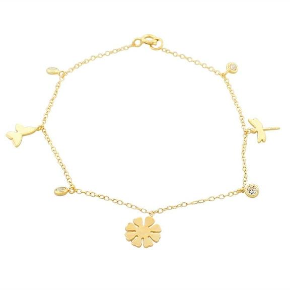 925 Sterling Silver Yellow Gold-Tone White CZ Dragonfly Flower Womens Girls Link Chain Bracelet