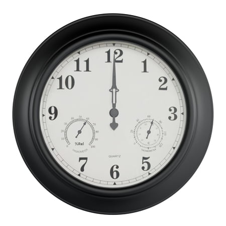 Pure Garden 18in Waterproof Indoor Outdoor Clock Thermometer Combo, Black