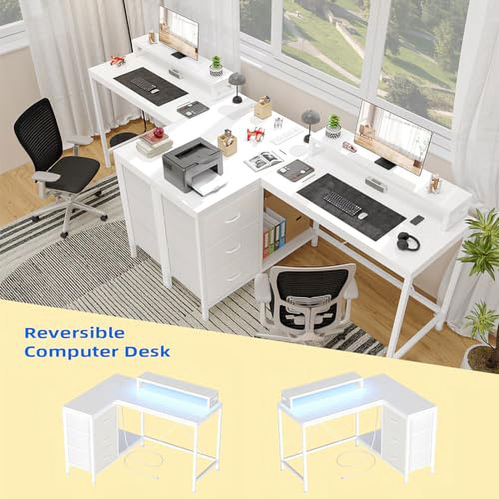 L Shaped Desk with Power Outlets & LED Lights, Computer Desk with Drawers & Shelves, Corner Desk Gaming Desk Home Office Desk