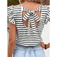 thumbnail image 5 of Women's Summer Fly Sleeves Tops Stripe Print V-Neck Back Tie Bow Loose T-Shirt Streetwear, 5 of 9
