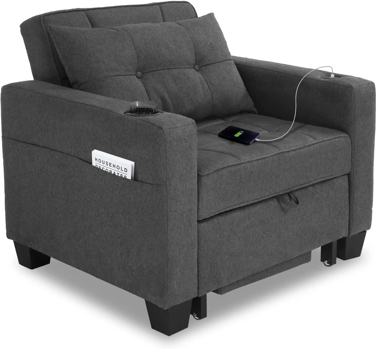 DURASPACE 3 IN 1 Convertible Sofa Bed Chair, Adjustable Backrest Sleeper, Chaise Lounge with USB