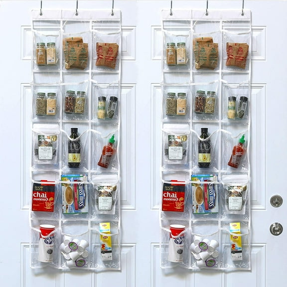 2-Pack Clear Over the Door Hanging Pantry Organizer (52" x 18") with 15 Pockets Each, Cabinet Hanging Storage for Kitchen