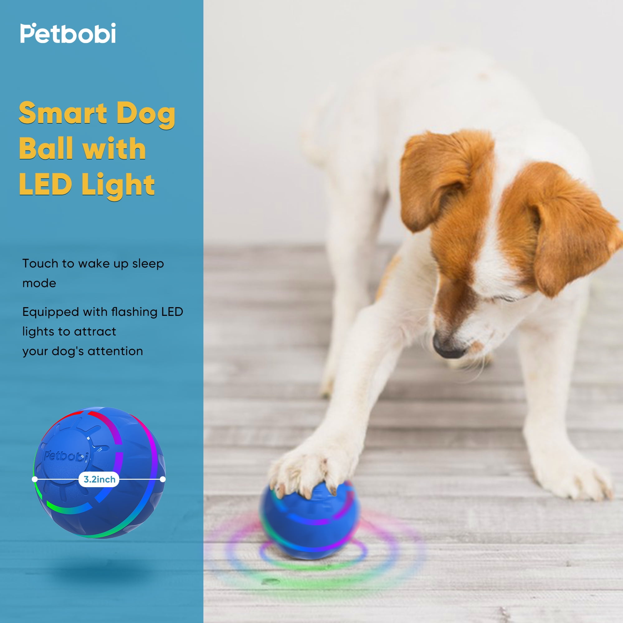 Petbobi Interactive Toy Dog Ball Active Rolling Ball for Dogs with Flashing LED Light Moving Bouncing Toys Ball for Medium or Large Dogs USB