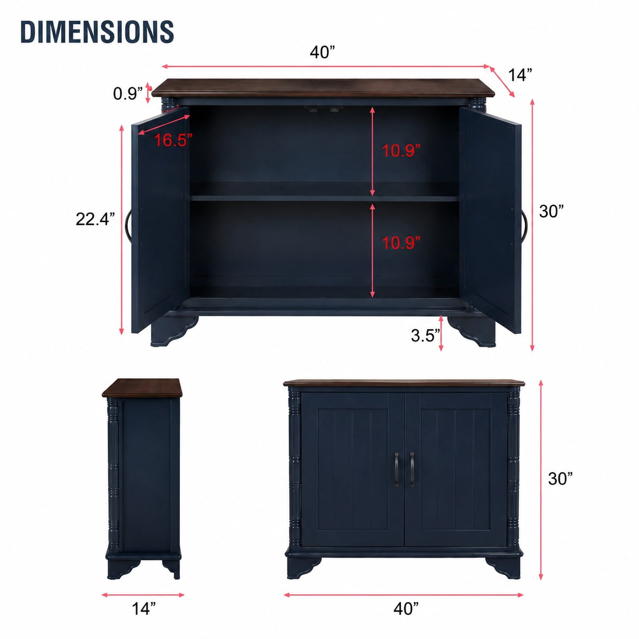 Aukfa 40" Farmhouse Accent Storage Cabinet, Solid Pine Wood Frame,Storage Organizer for Entryway & Living Room,Blue