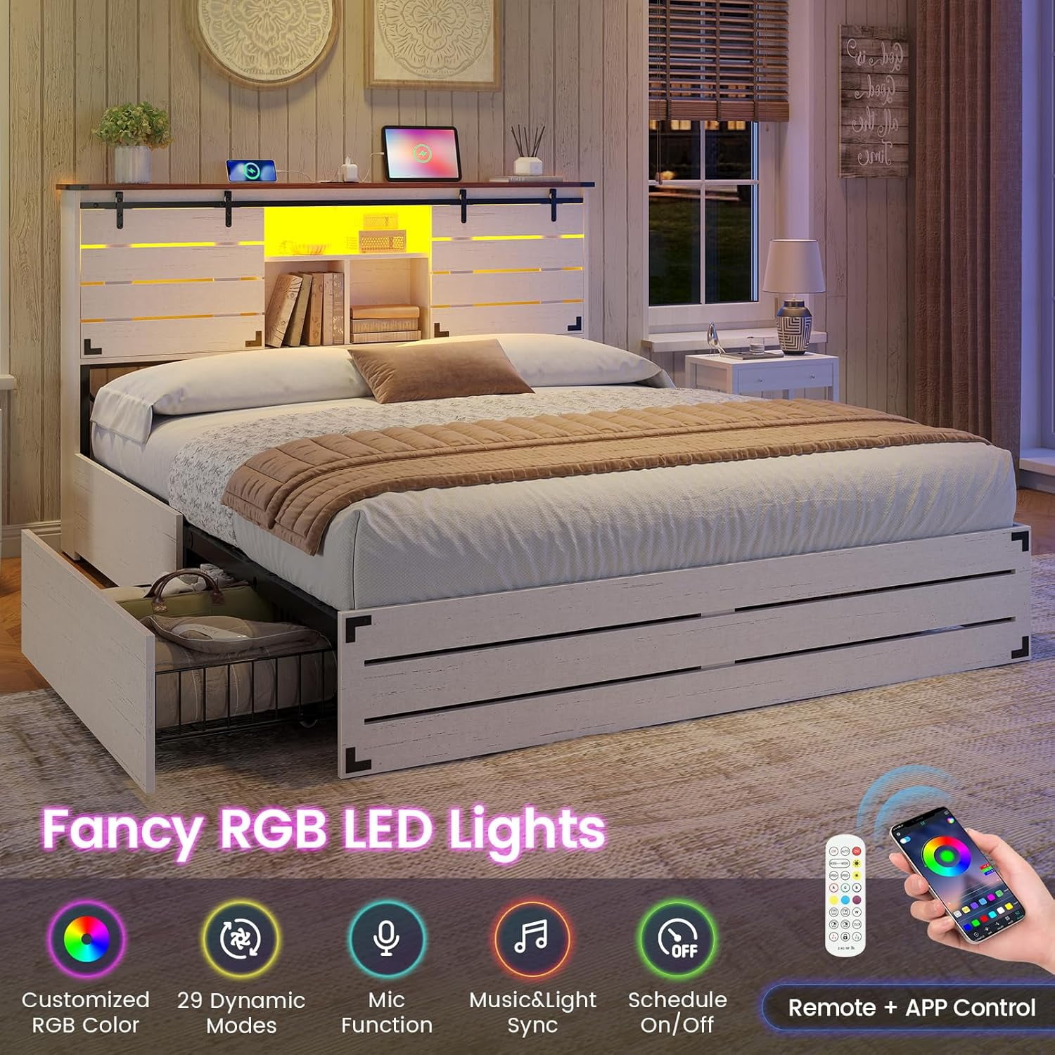 Wooden Bed Frame Full Size with Bookcase Headboard and Sliding Barn Door, Farmhouse Bed Frame Full Size with Charging Station, LED Lights and 4 Storage Drawers, No Box Spring Needed, White