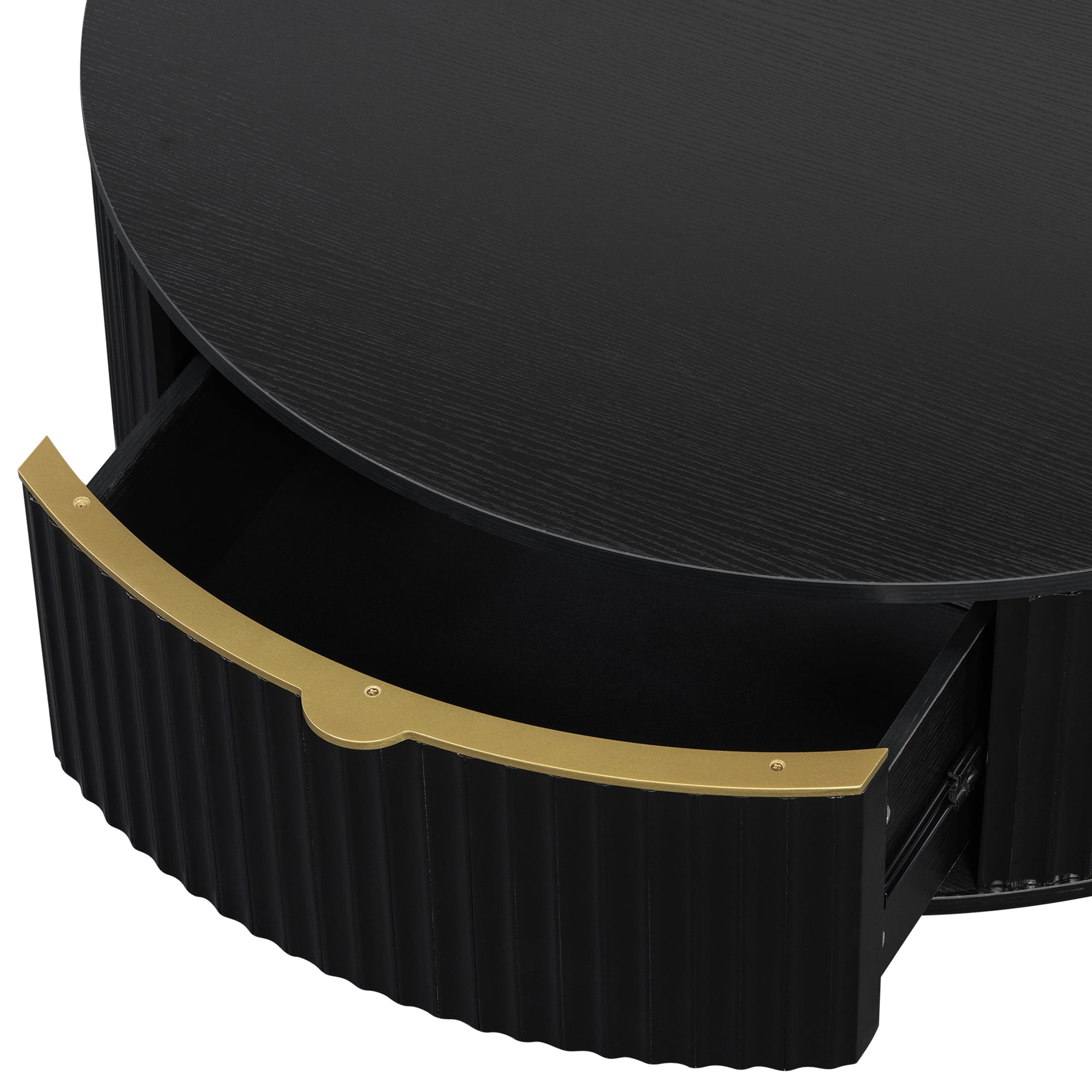 Leumius Round Coffee Table with Storage Drawer, Modern Fluted Coffee Table with Golden Handle, Wood Center Table for Living Room Black