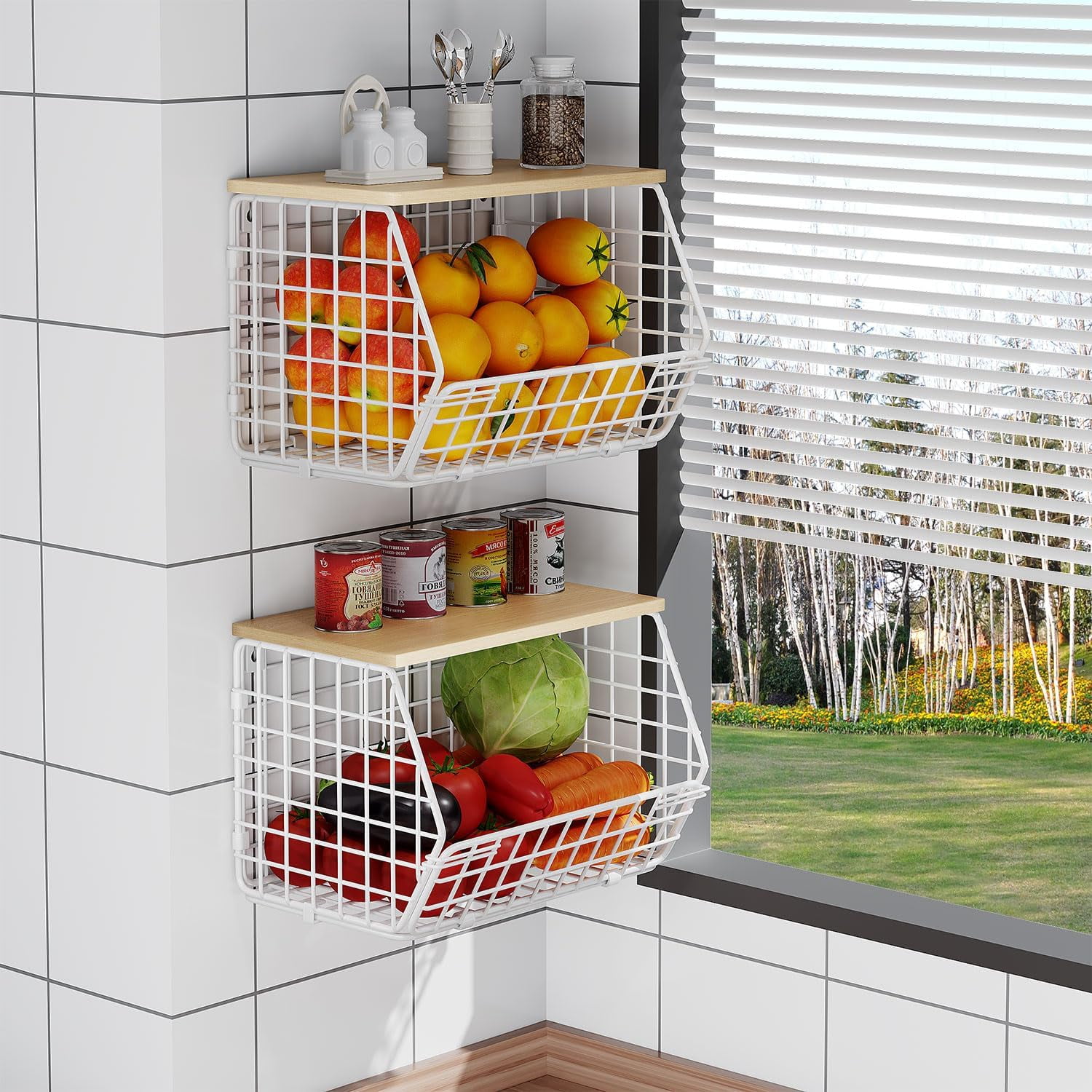 Wetheny 2pcs Wall Mounted Wire Basket Fruit Basket with Wood Top - Kitchen Pantry Organization and Storage, Stackable Tiered Hanging Baskets for Fruits, Onion, Potato, Produce, Vegetable,Storage
