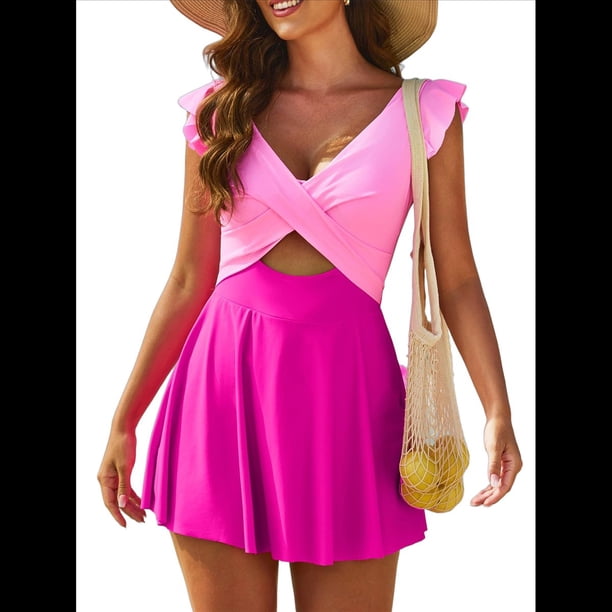 Traje de Baño para Mujer con Volantes y Corte Bajo, Control de Abdomen, Cuello en V, Cruzado Rosa y Rosa L