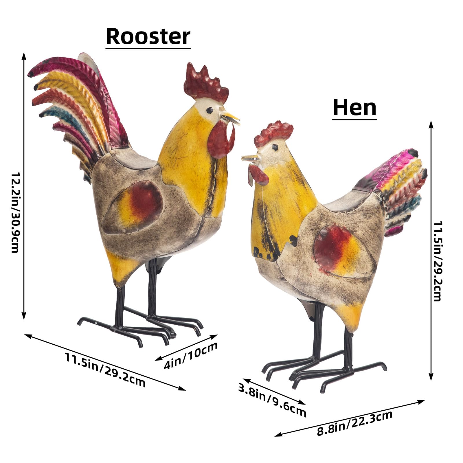 MODE HOME Metal Rooster and Hen Statues Set of 2, Indoor Outdoor Chicken Yard Art Decorations, Farmhouse Kitchen Table Garden Patio Lawn Decor, Gray Yellow Sculptures 12.2x11.5 Inch