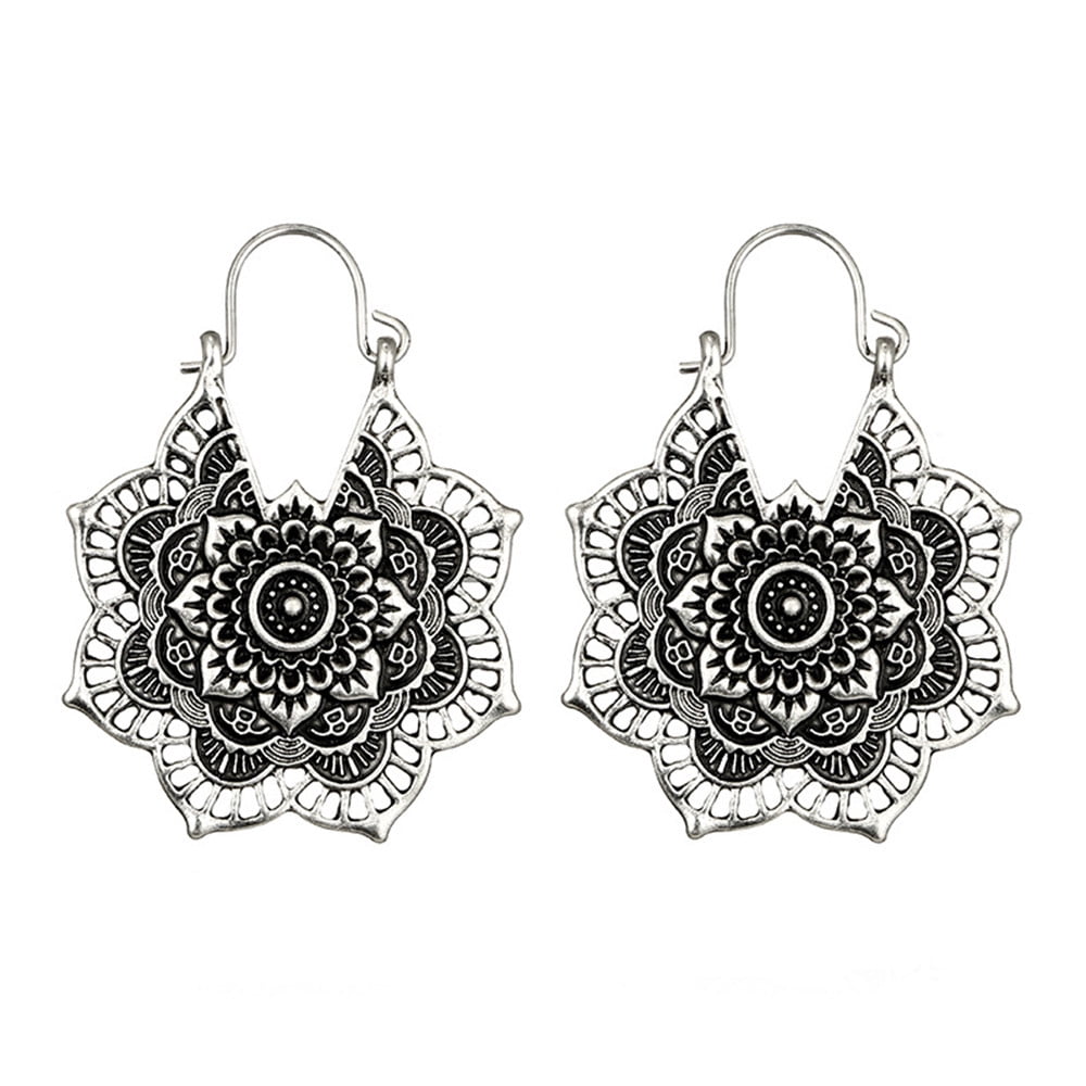 Mandala-bohemian fine silver hammered dangle earrings