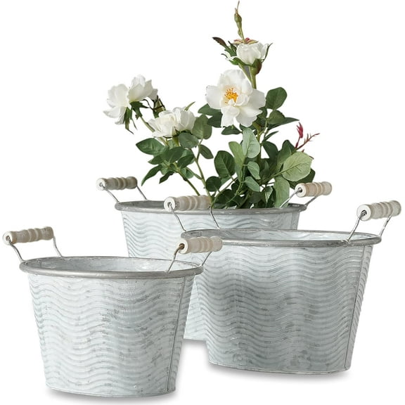 3 Piece Oval Nesting Planter Set, Corrugated Wave Pattern, White Washed, Grey, Metal, 9, 7.75 and 6.75 Inches