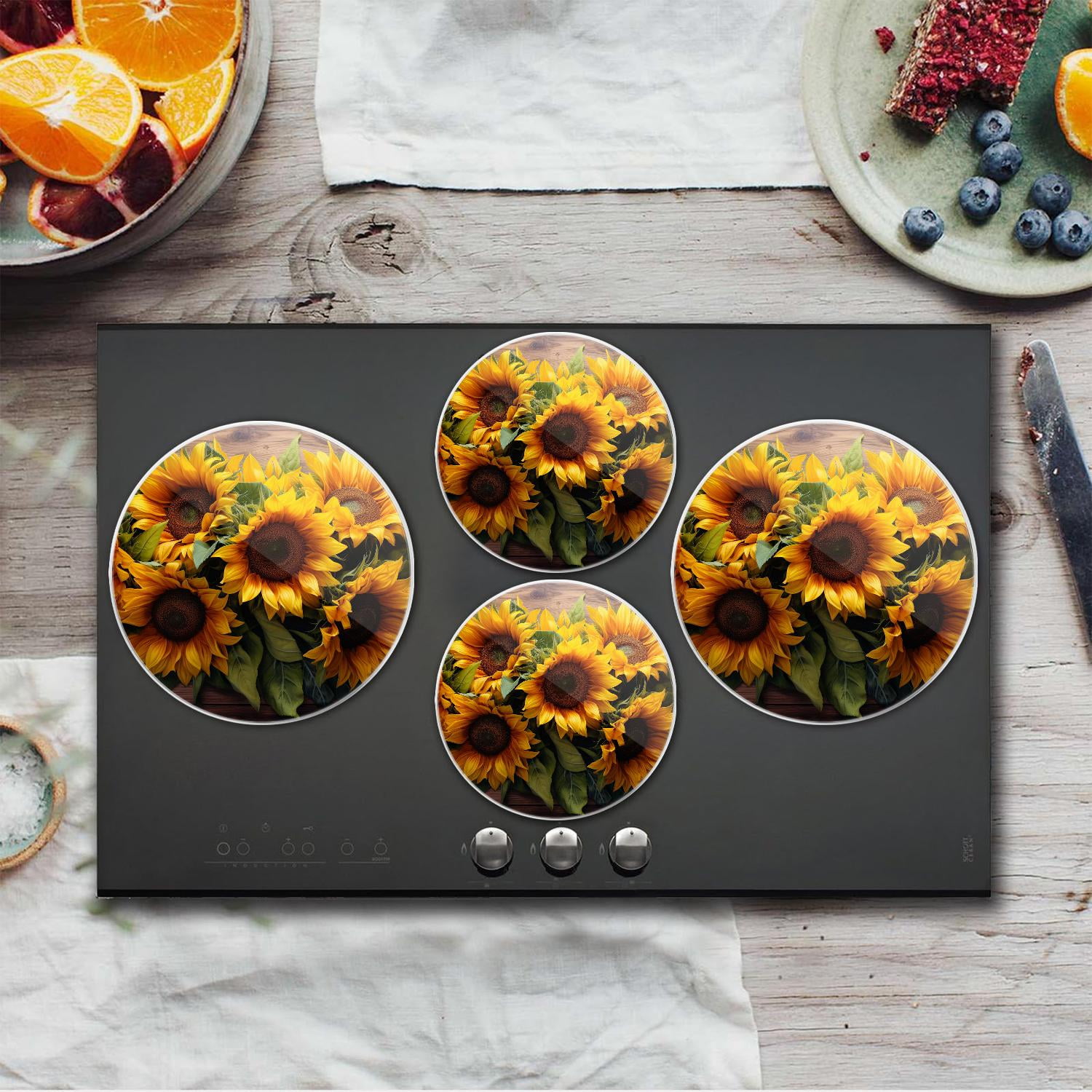 Bahomeck Gas Stove Burner Cover Set Of 4，Blooming Yellow Sunflower Flowers Floral Metal Stove Burner Covers，Electric Stove Burner Covers,Protecting Gas Stoves,Kitchen Decor，8 Inches And 10 Inches