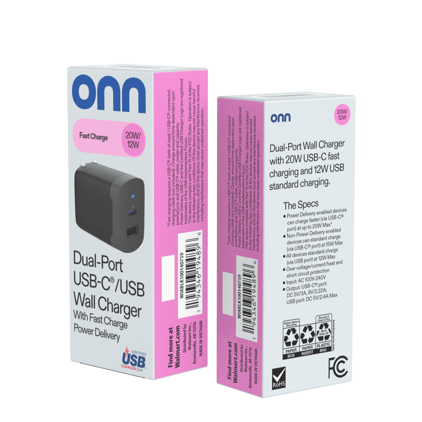 (3 pack) onn 32W Dual USB-C/USB-A Port Wall Charger, Fast Charging, USB IF Certified, Foldable Plug, Black