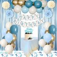 thumbnail image 1 of Kit de globos beige y azul de YANSION, globos de látex azul metálico dorado, pancarta de feliz cumpleaños, flor de pompón de papel, mantel para decoraciones de cumpleaños, 1 of 7