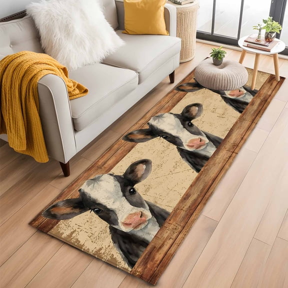 Runner Rug 2'x6', Farmhouse Cow Washable Non-Slip Hallway Runner Rugs, Country Vintage Animals Wooden Grain Bedside Rugs Floor Mats Carpet Runners for Kitchen Bathroom Laundry Room