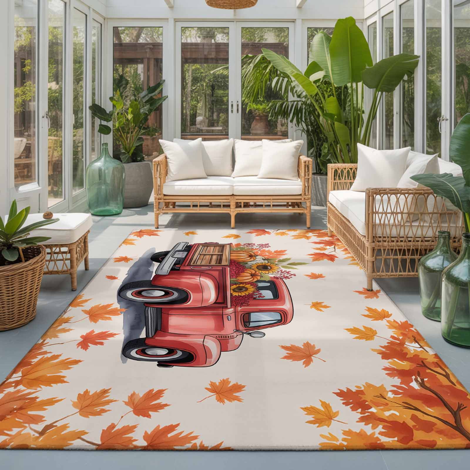 Area Rug 4x6ft Thanksgiving Pumpkin Red Farm Truck Washable Rugs for Living Room Bedroom Fall Orange Maple Leaves Soft Non-slip Area Rugs Rectangle Floor Carpet for Dining Room