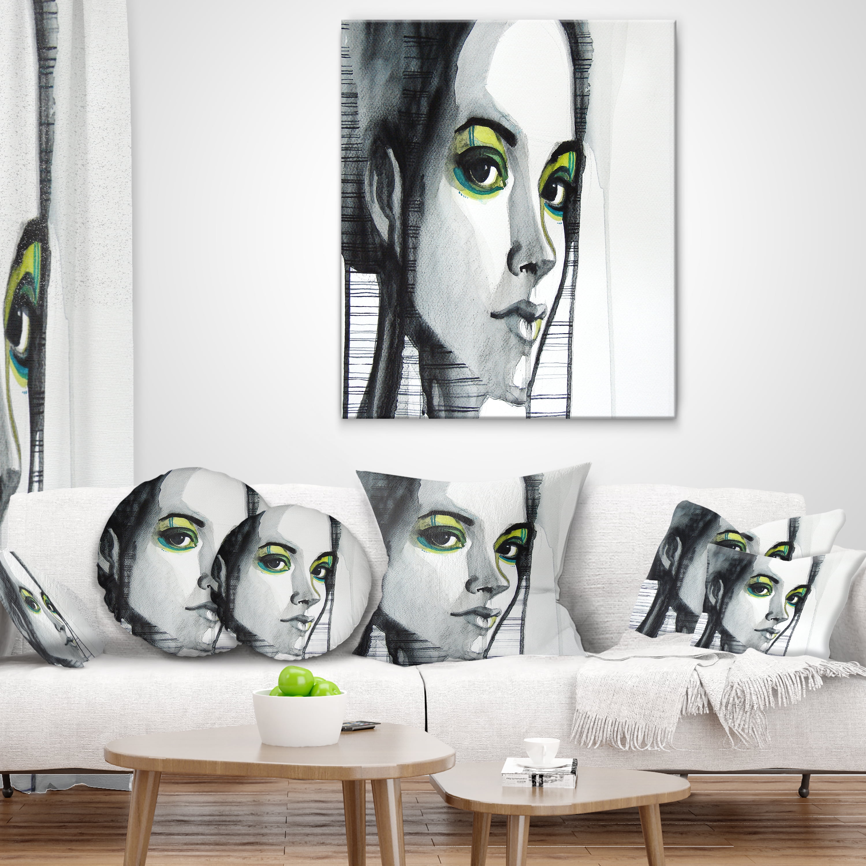 Designart Black Illustrated Girl - Abstract Portrait Throw Pillow - 18x18