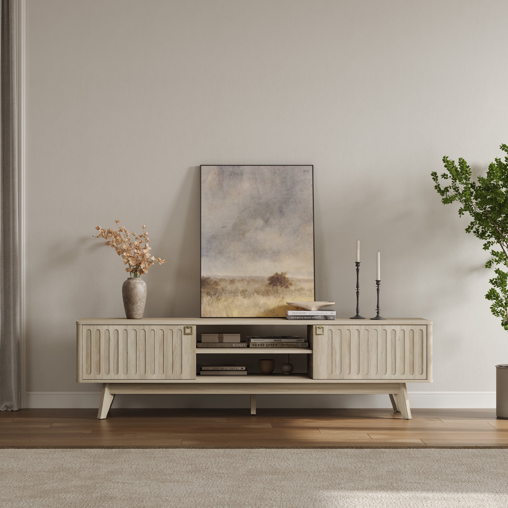 SICOTAS 70.1" Extra Long Modern TV Stand, Minimalist Console Table with 2 Fluted Doors, 3-Tier Storage Shelves, Long Entertainment Center for Living Room, Rustic Oak