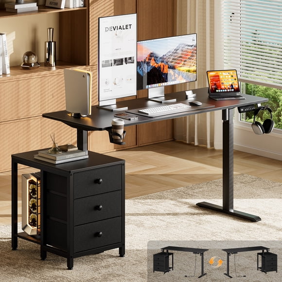 GUNAITO Computer Desk 66" × 23.6" Electric Standing Desk with 3 Drawers Height Adjustable Stand Up Table Ergonomic Sit Stand Desk with Splice Board for Home Office Black