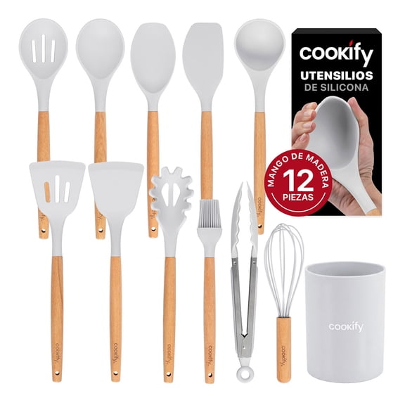 Juego de Utensilios de Cocina Silicona y Madera Accesorios para Cocinar, 12 pzas (Gris)