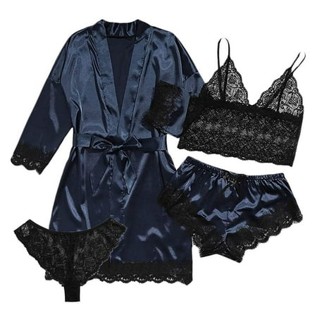 

Women Silk Satin Pajamas Set 4pcs Lingerie Floral Lace Sleepwear with Robe