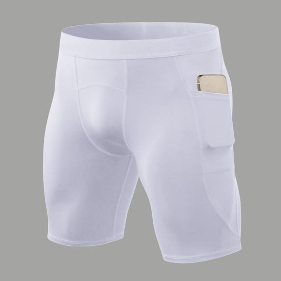 Mens Compression Shorts Running Spandex Underwear with Pockets Workout Gym Athletic Sports Tight Shorts(White,XXL)