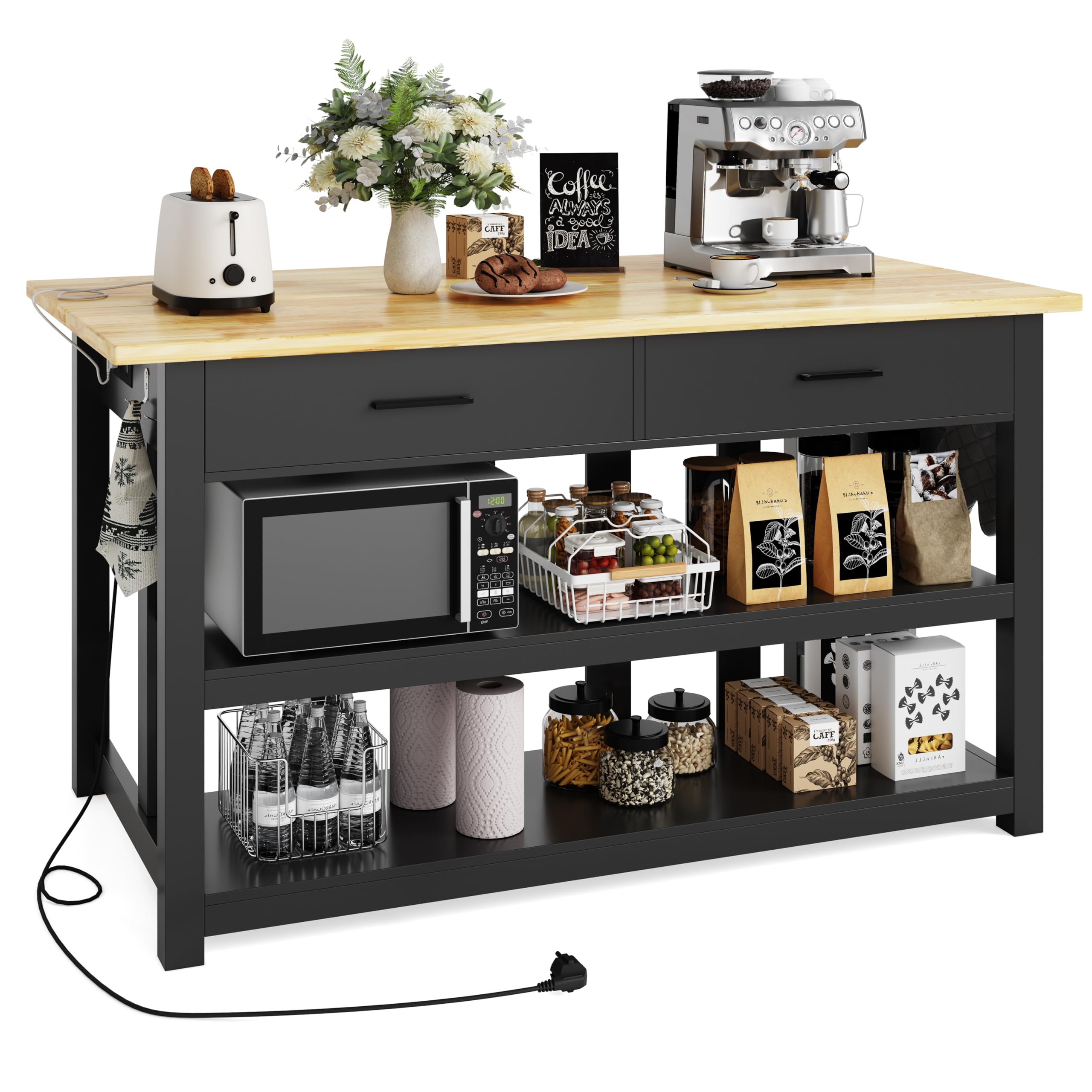 ChicZhiNest Kitchen Island with Power Outlet, 47.3" Rubber Solid Wood Countertop Kitchen Island with 2 Storage Drawers and 6 Hooks, Black