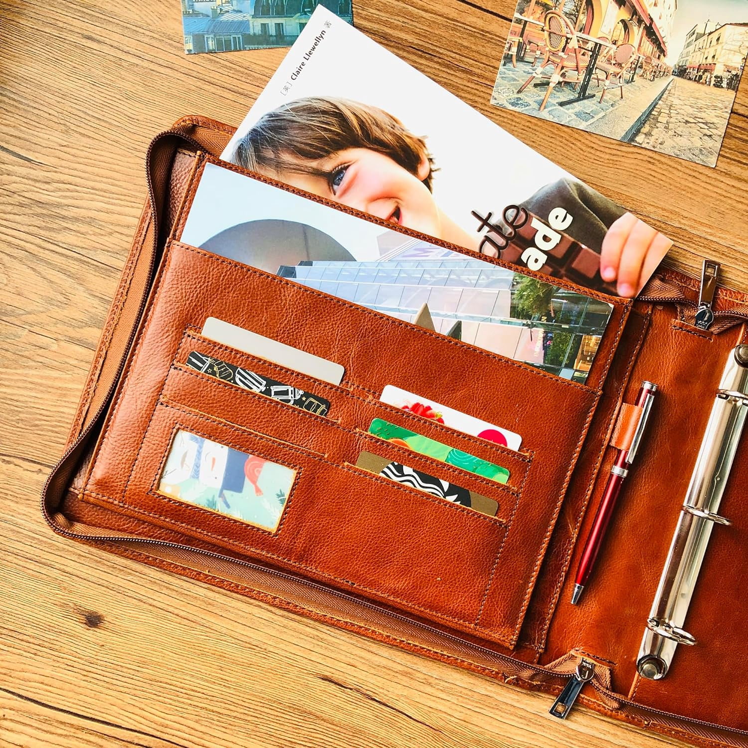 3 Ring Check Binder, Genuine Leather Check Book Portfolio for 3 Ring Binder, or 9 Ring Binder, Pilot Log Book Binder, Leather Journal for 11 1/4"x9" (Custom Logo/Name, Oil Wax Brown)