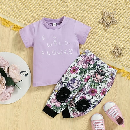 

Wiueurtly Infants Baby Boys Girls Clothes Letter Short Sleeve T Shirt Tops Floral Pants Summer Outfits Set Outfit Teen Girls