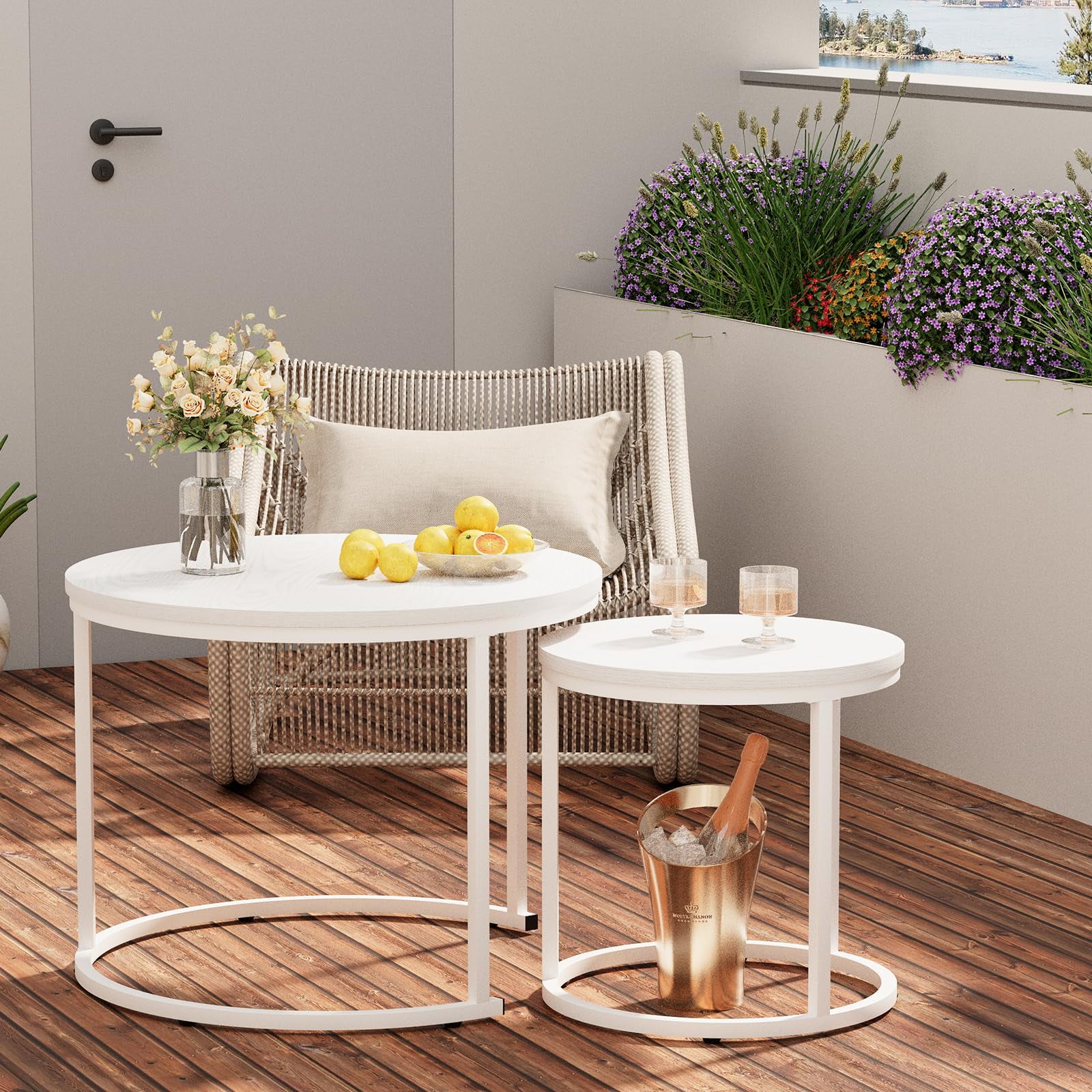 Nesting Coffee Table Round Side Table Set of 2 End Tables for Living Room Bedroom Balcony,White Wooden Stacking Accent Coffee Tables with Metal Frame