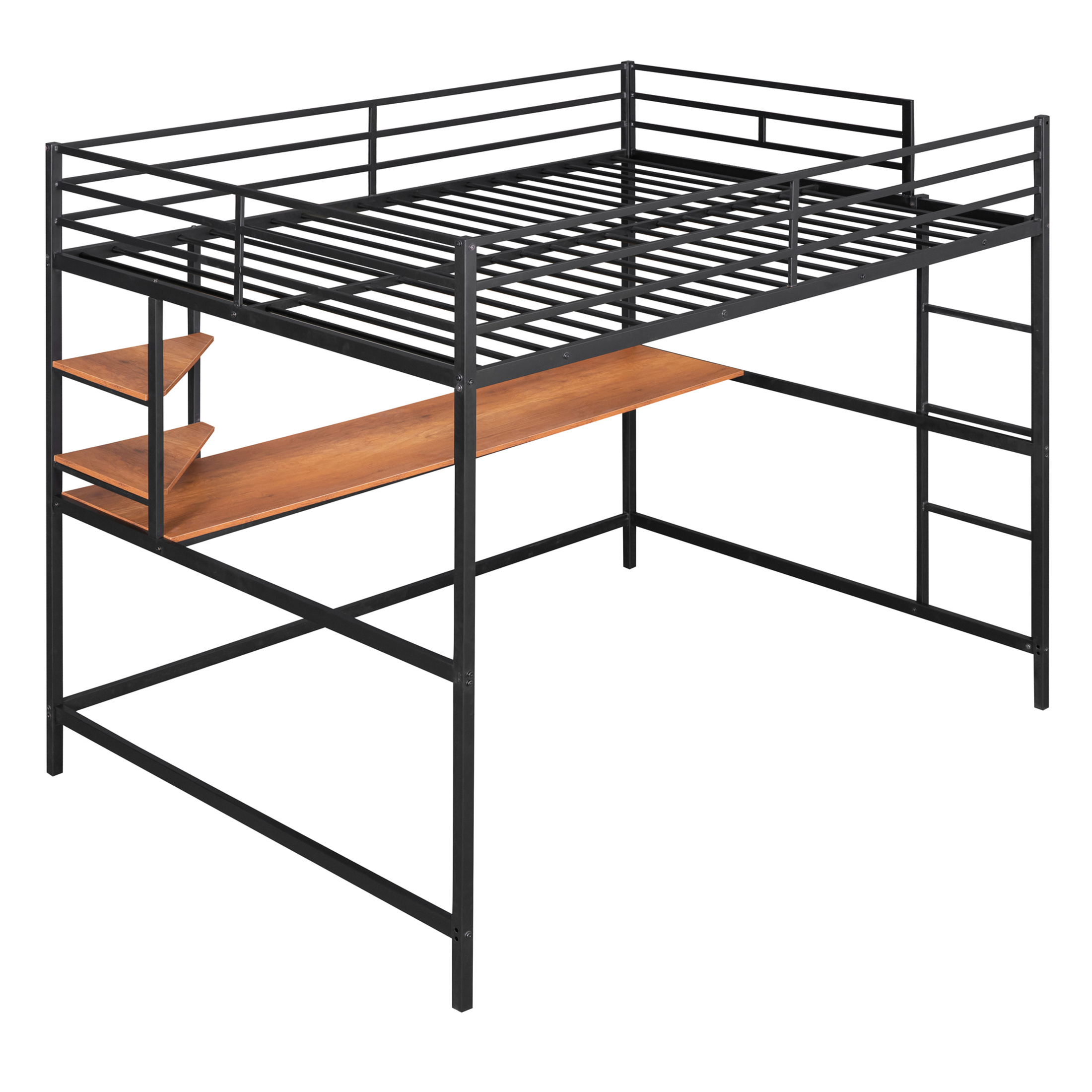 Aukfa Full Size Loft Bed with Desk and Shelves for Adults Teens, Heavy Duty Metal Bed Frame, Black