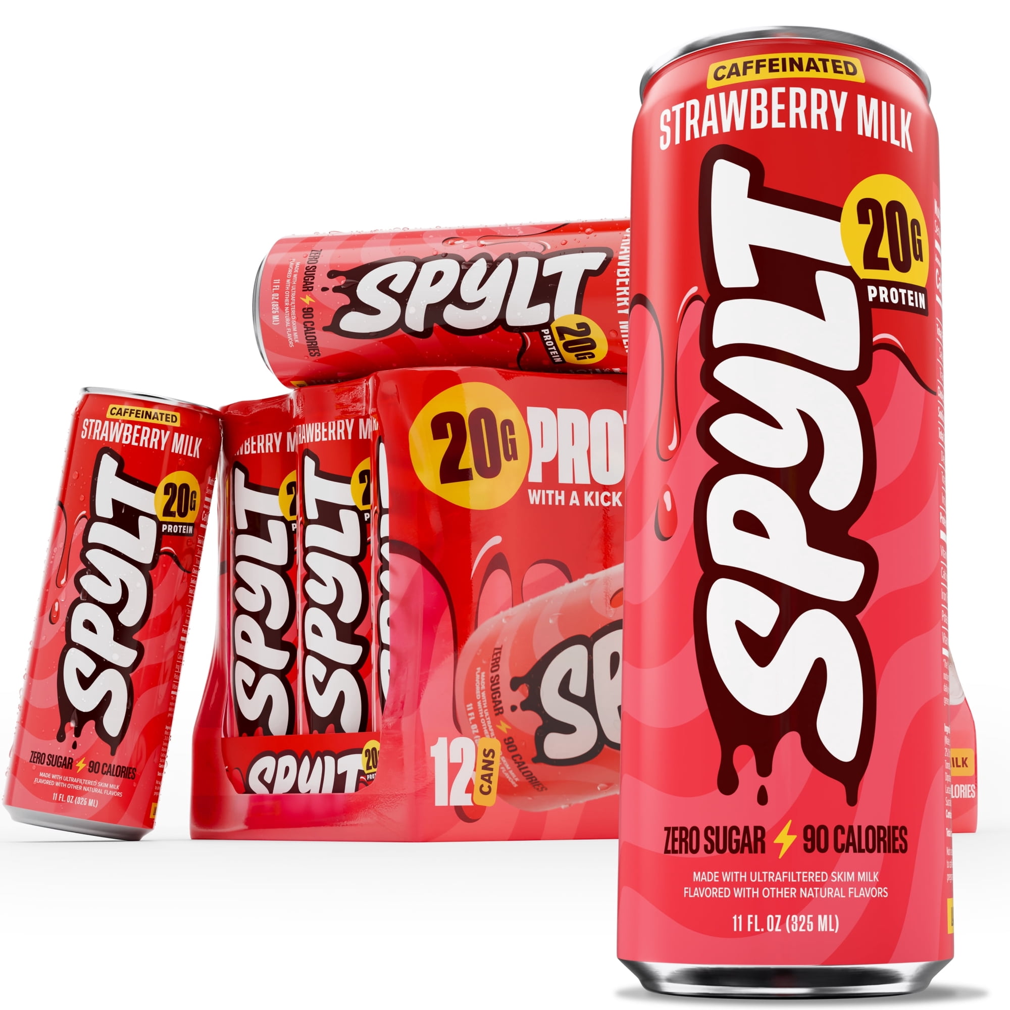 SPYLT High Protein Milk, Strawberry, 20g Protein, 60mg Caffeine, Sugar Free, 11 fl oz, 12 Cans - PACKAGING MAY VARY