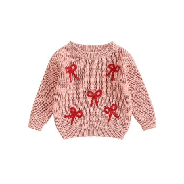 SUNSIOM Chandail Tricoté pour Tout-Petit Fille à Manches Longues, Col Rond, Broderie Nœud, Chandail Chaud, Hauts, Vêtements d'Automne et d'Hiver